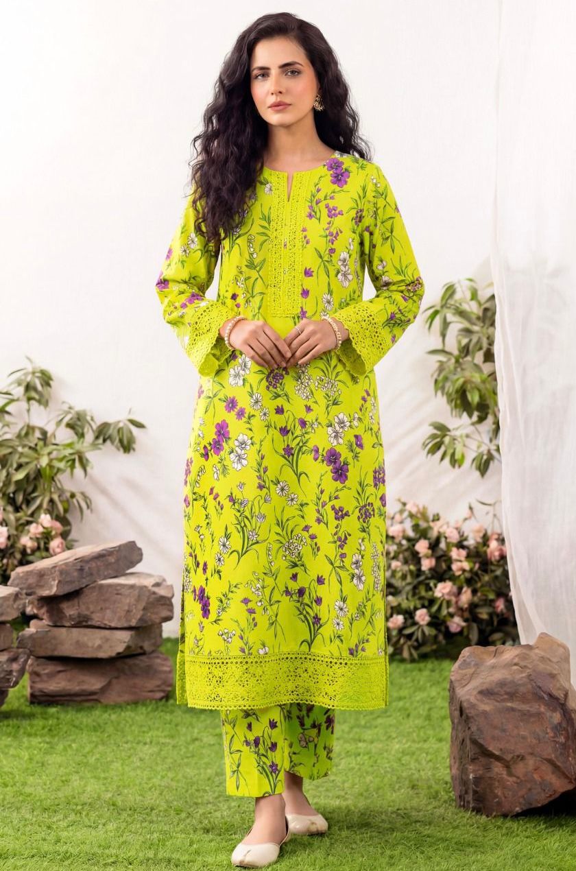 Fresh Light Parrot Green Floral 2 Piece Unstitched Lawn Suit – Vibrant Summer Wear