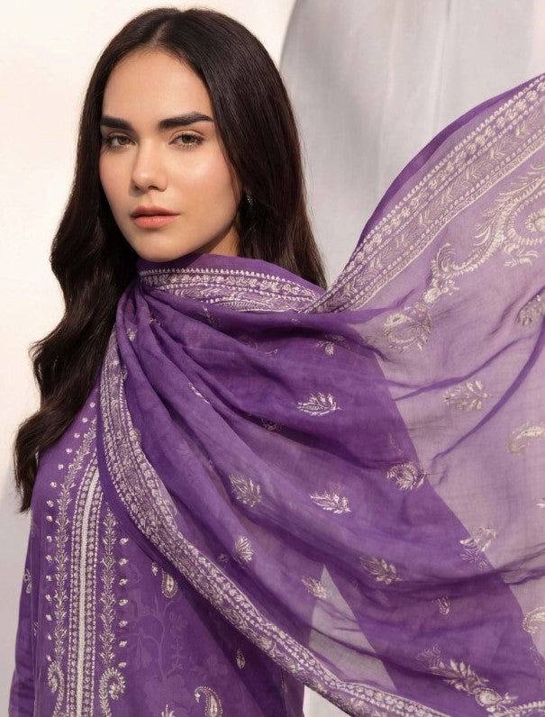 Elegant Purple Base White Print 3 Piece Unstitched Lawn Suit – Premium Summer Collection