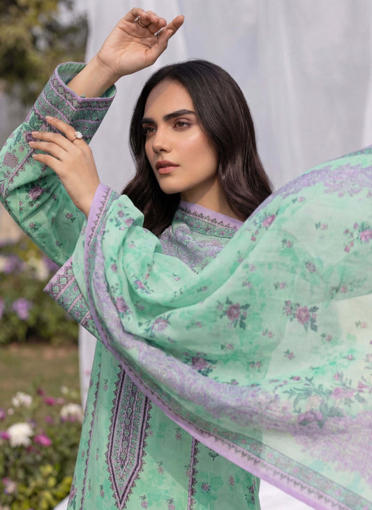 Elegant Sea Green & Purple Print 3 Piece Unstitched Lawn Suit – Premium Lawn