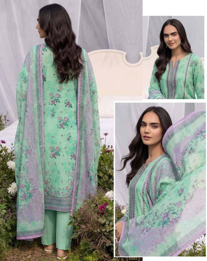 Elegant Sea Green & Purple Print 3 Piece Unstitched Lawn Suit – Premium Lawn