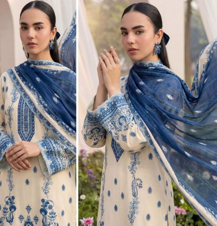Elegant Skin & Blue 3 Piece Unstitched Lawn Suit – Premium Ladies Collection with Dupatta