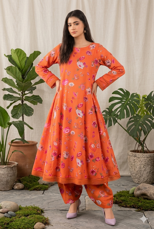 Radiant Coral Floral – Digital Print Lawn 2 Piece Unstitched Suit