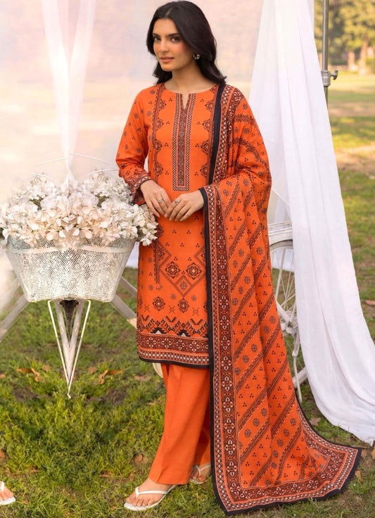 Vibrant Orange 3 Piece Unstitched Lawn Suit – Premium Summer Collection with Dupatta