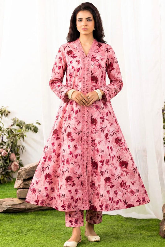 Elegant Pink Floral 2 Piece Unstitched Lawn Suit – Soft & Breathable Summer Wear