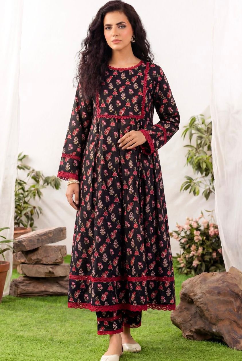 Elegant Black Floral 2 Piece Unstitched Lawn Suit – Classic & Timeless Summer Wear