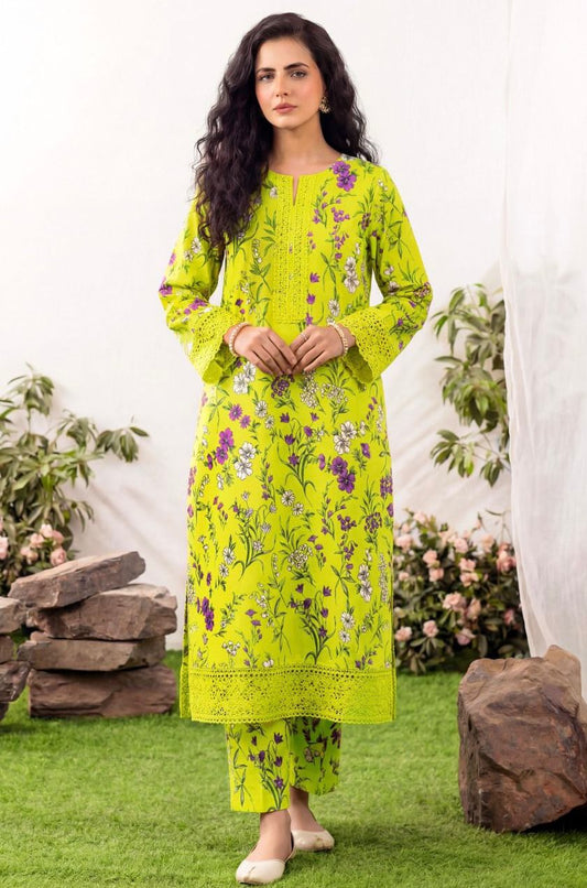 Fresh Light Parrot Green Floral 2 Piece Unstitched Lawn Suit – Vibrant Summer Wear