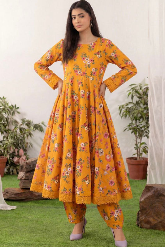 Mustard Yellow Floral 2 Piece Unstitched Lawn Suit – Fresh & Elegant Summer Wear