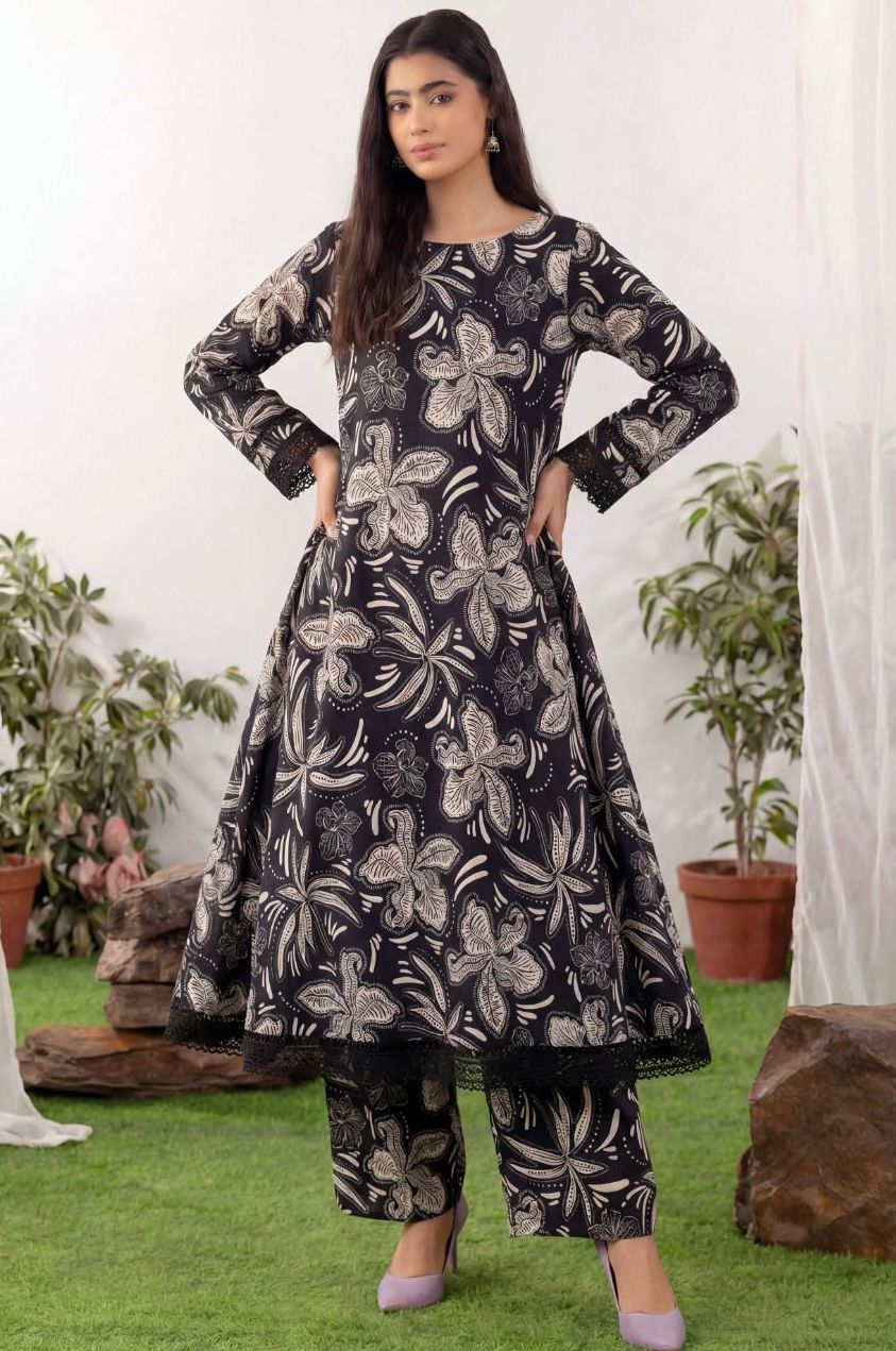 Elegant Black Base Large Floral 2 Piece Unstitched Lawn Suit – Bold Summer Style