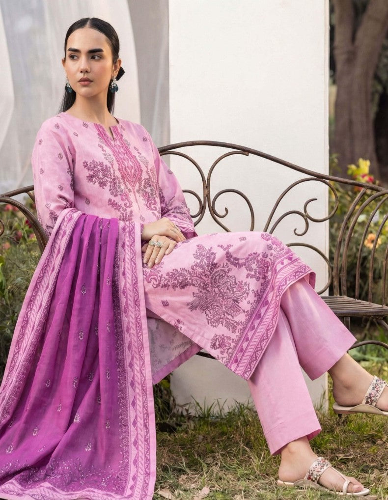 Elegant Pink & Purple 3 Piece Unstitched Lawn Suit – Premium Summer Collection with Dupatta