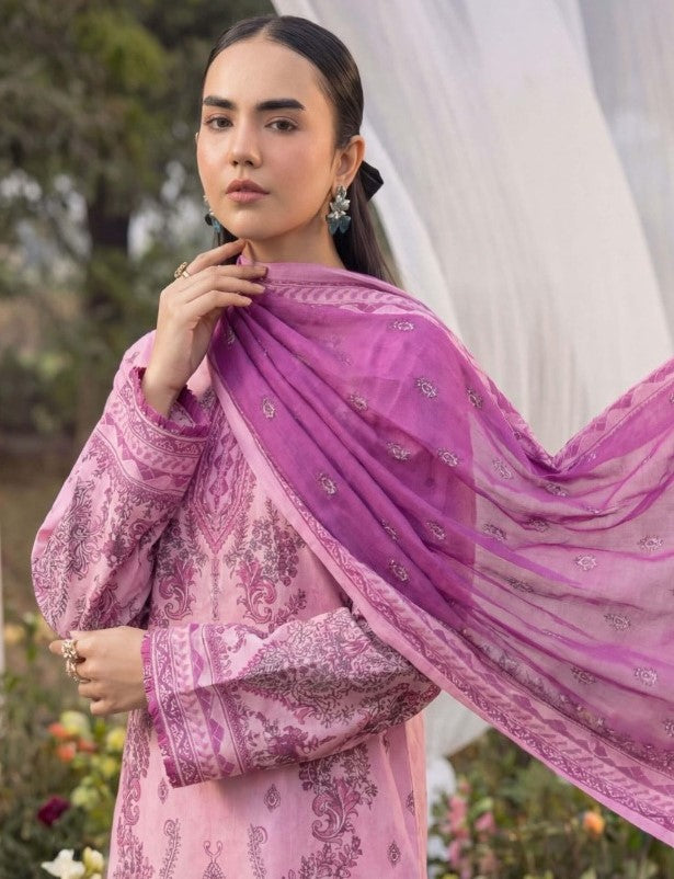 Elegant Pink & Purple 3 Piece Unstitched Lawn Suit – Premium Summer Collection with Dupatta