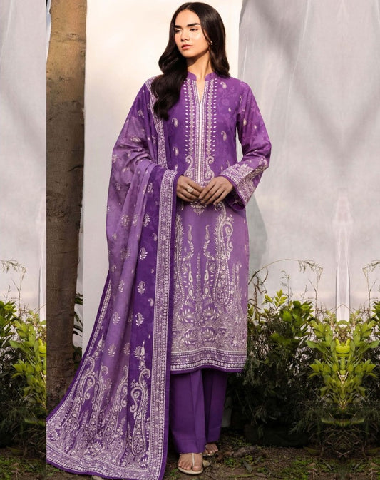 Elegant Purple Base White Print 3 Piece Unstitched Lawn Suit – Premium Summer Collection
