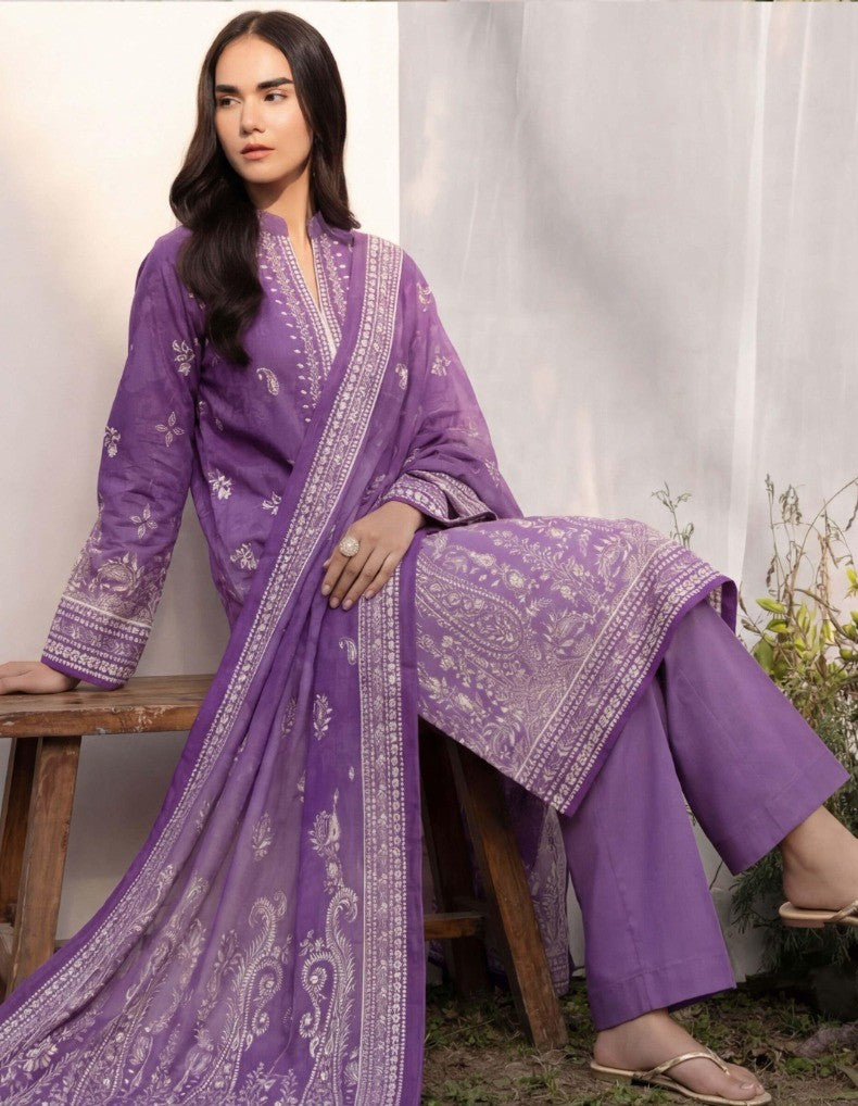Elegant Purple Base White Print 3 Piece Unstitched Lawn Suit – Premium Summer Collection