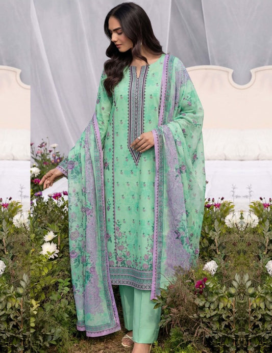 Elegant Sea Green & Purple Print 3 Piece Unstitched Lawn Suit – Premium Lawn