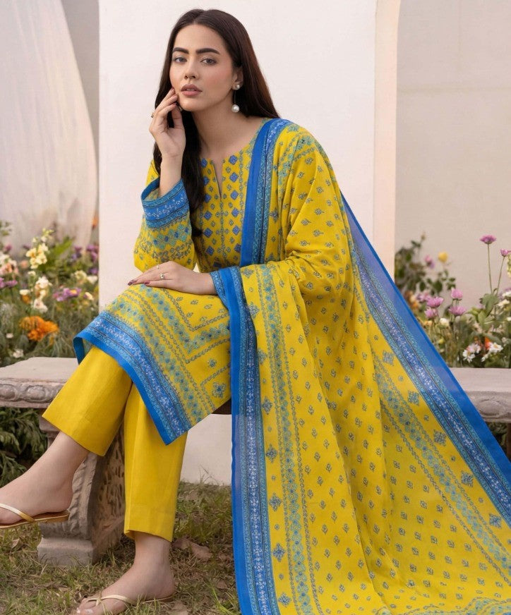 Yellow Base with Sky Blue Print – 3 Piece Unstitched Premium Lawn Suit