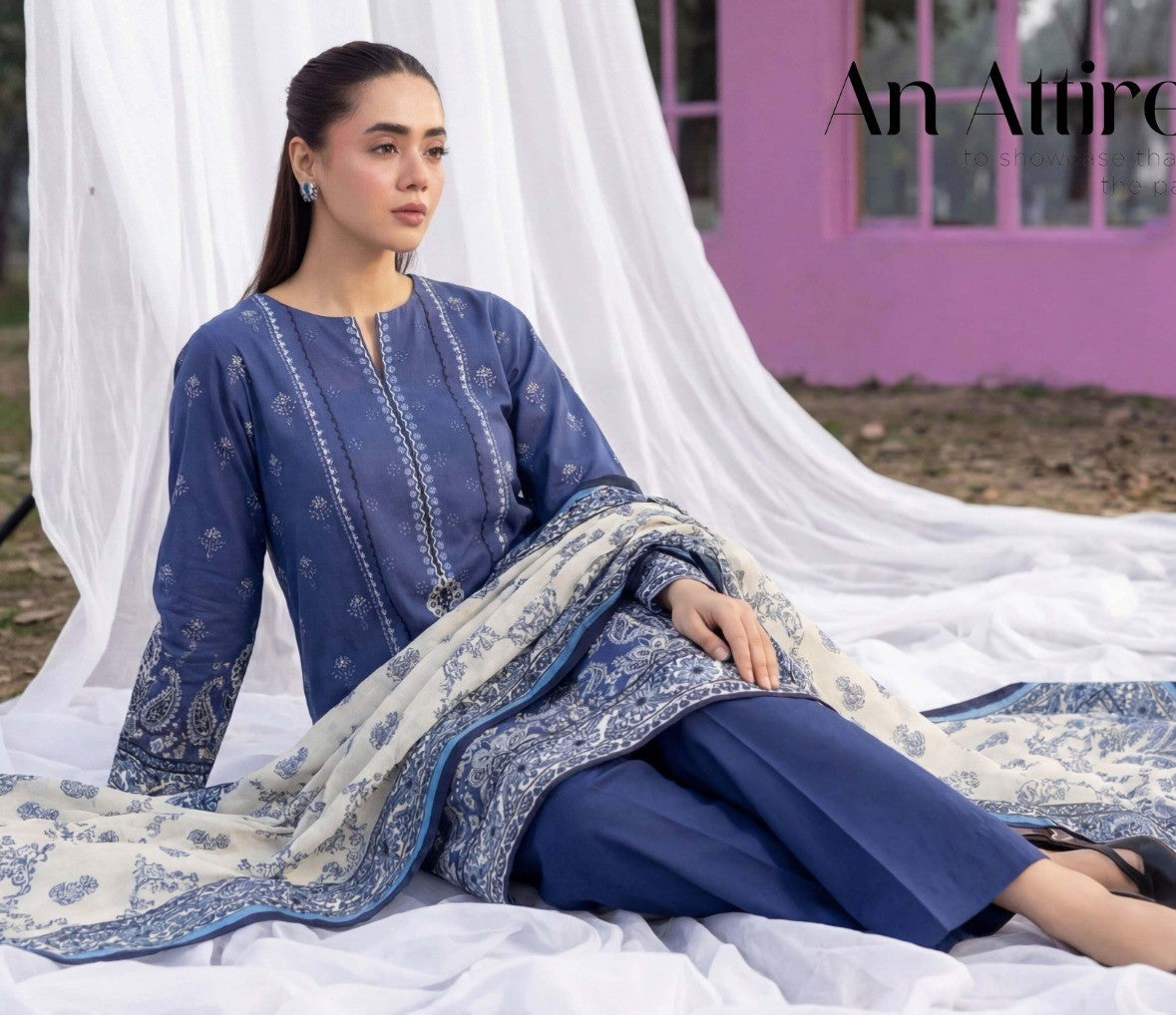 Royal Blue Base White Print 3 Piece Unstitched Lawn Suit