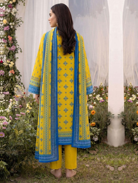 Yellow Base with Sky Blue Print – 3 Piece Unstitched Premium Lawn Suit