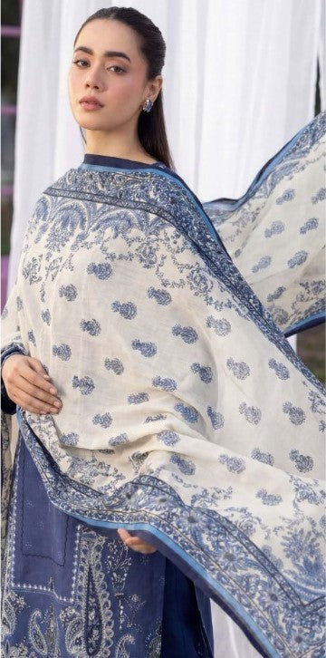 Royal Blue Base White Print 3 Piece Unstitched Lawn Suit