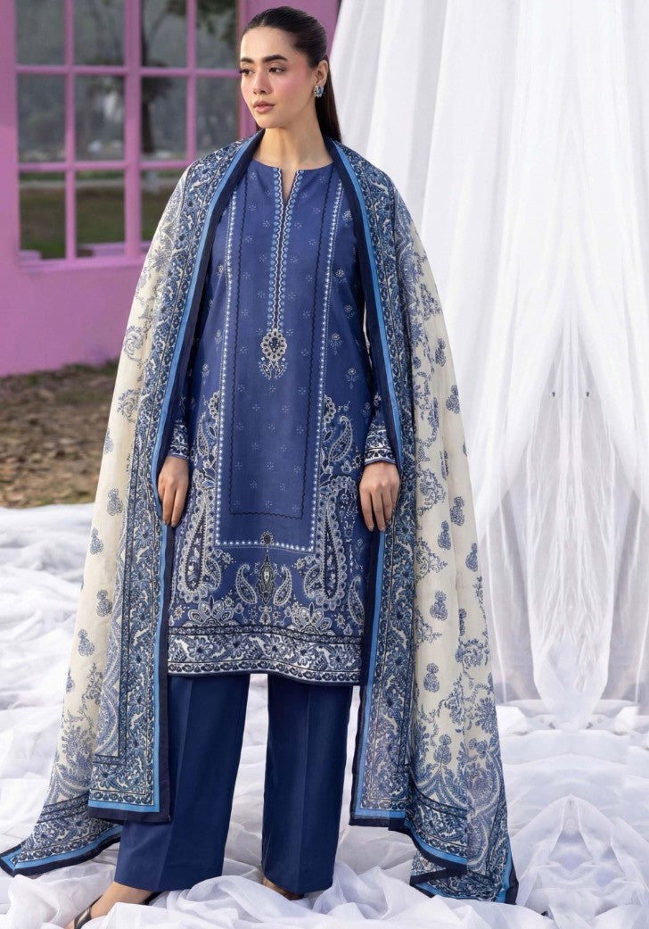 Royal Blue Base White Print 3 Piece Unstitched Lawn Suit