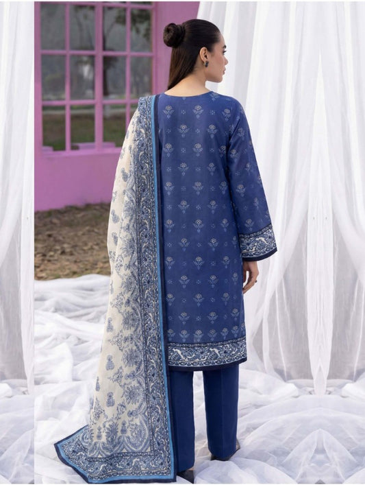 Royal Blue Base White Print 3 Piece Unstitched Lawn Suit