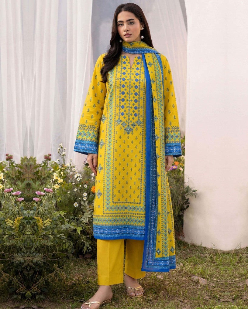 Yellow Base with Sky Blue Print – 3 Piece Unstitched Premium Lawn Suit