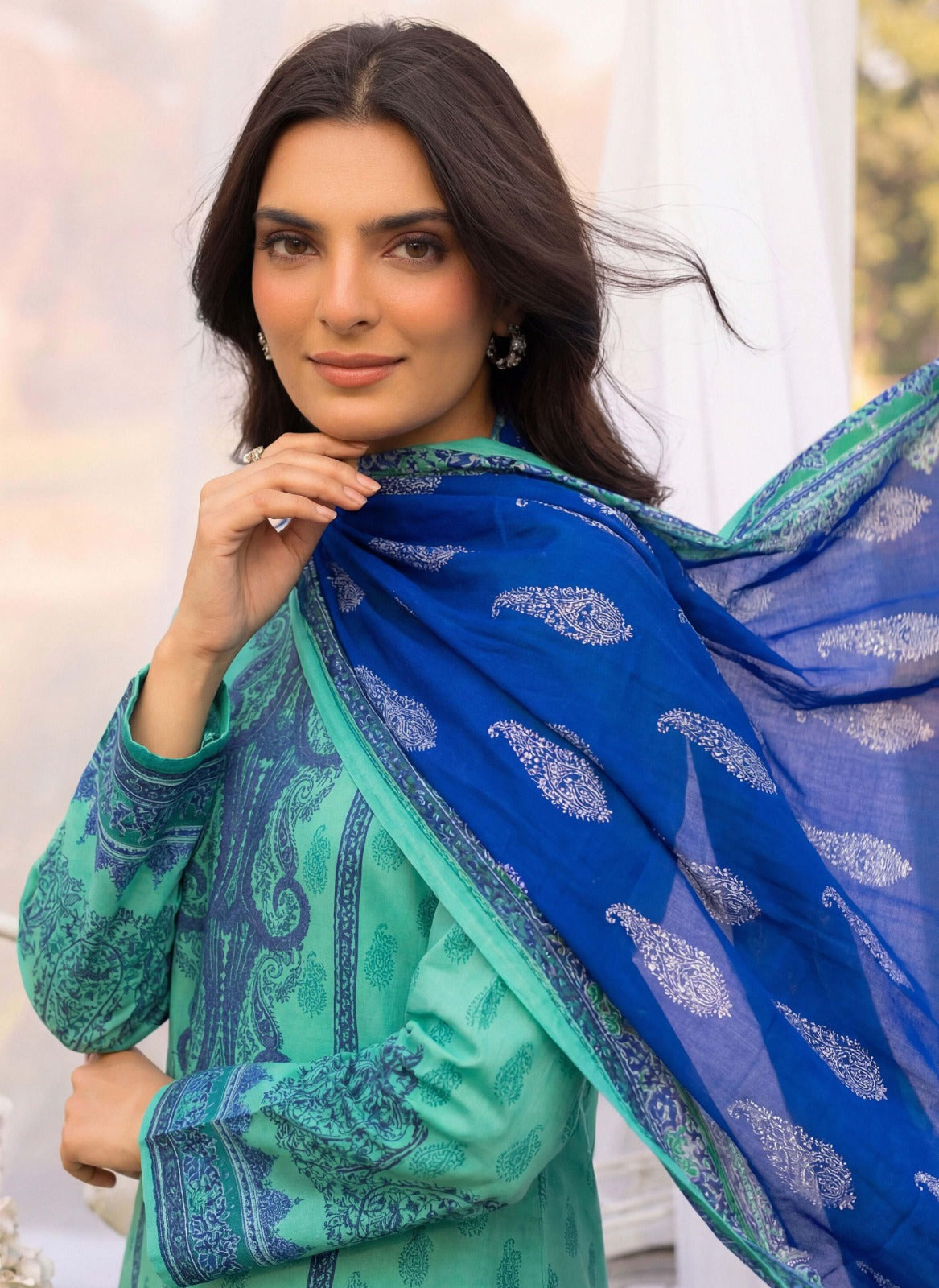 Elegant Aqua Green & Royal Blue 3 Piece Unstitched Lawn Suit – Premium Summer Collection