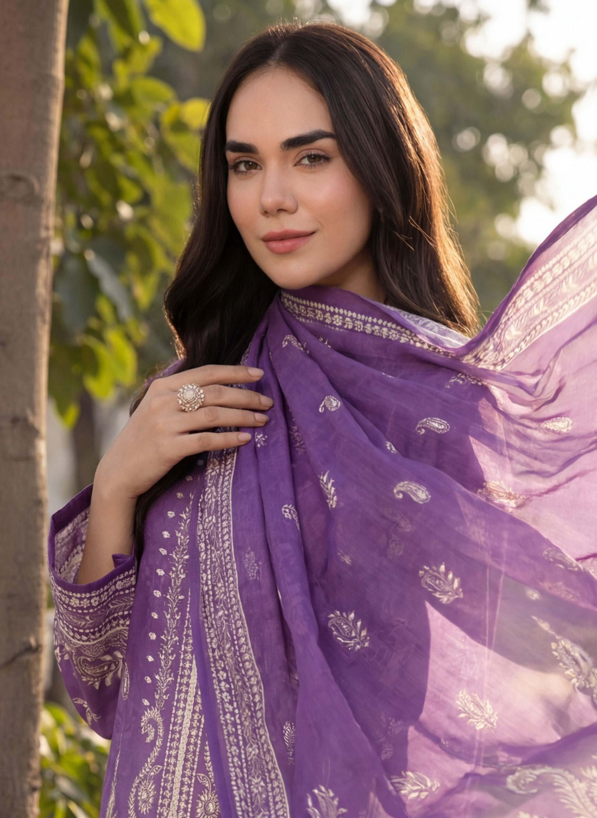 Elegant Purple Base White Print 3 Piece Unstitched Lawn Suit – Premium Summer Collection