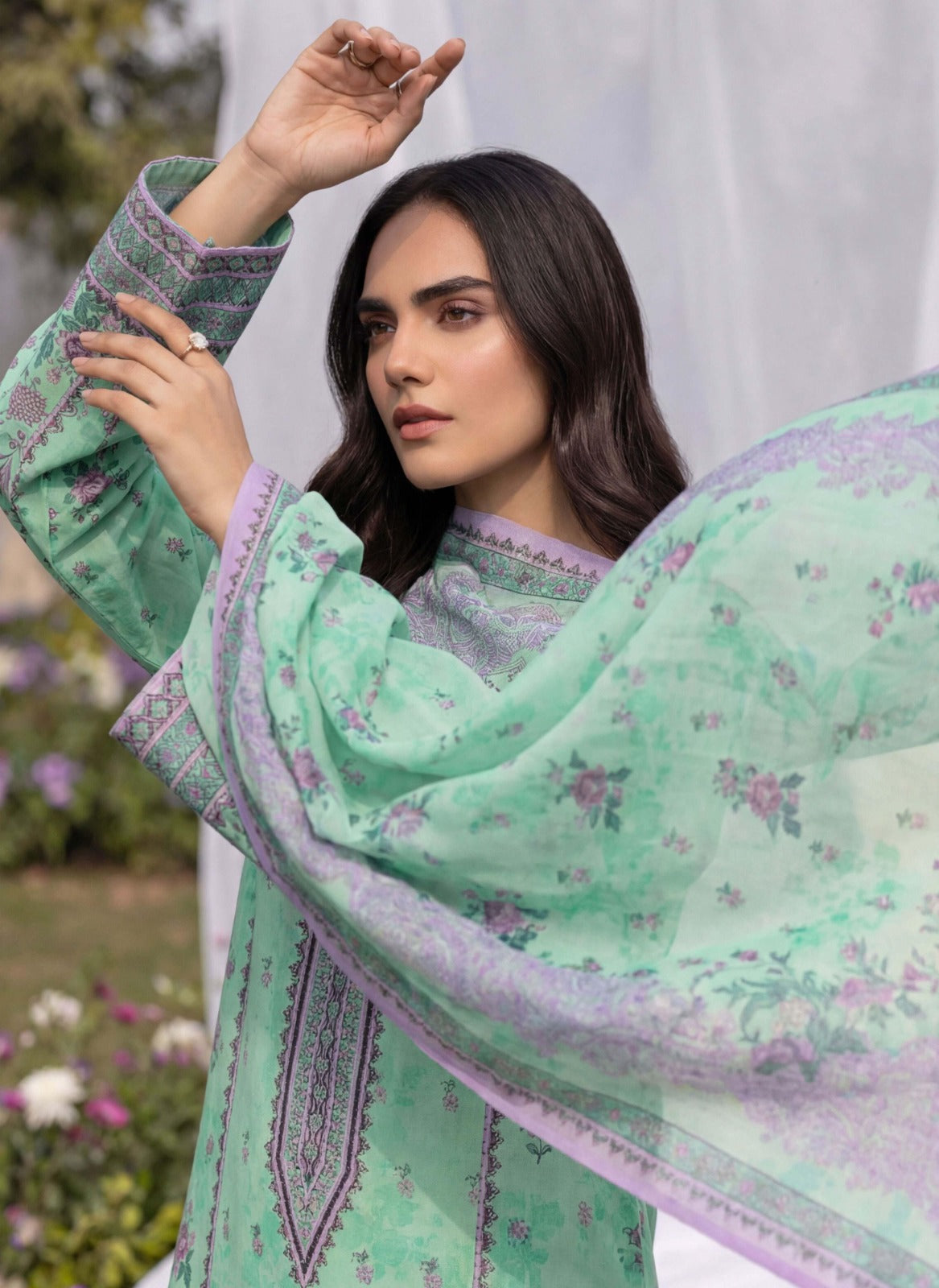 Elegant Sea Green & Purple Print 3 Piece Unstitched Lawn Suit – Premium Lawn