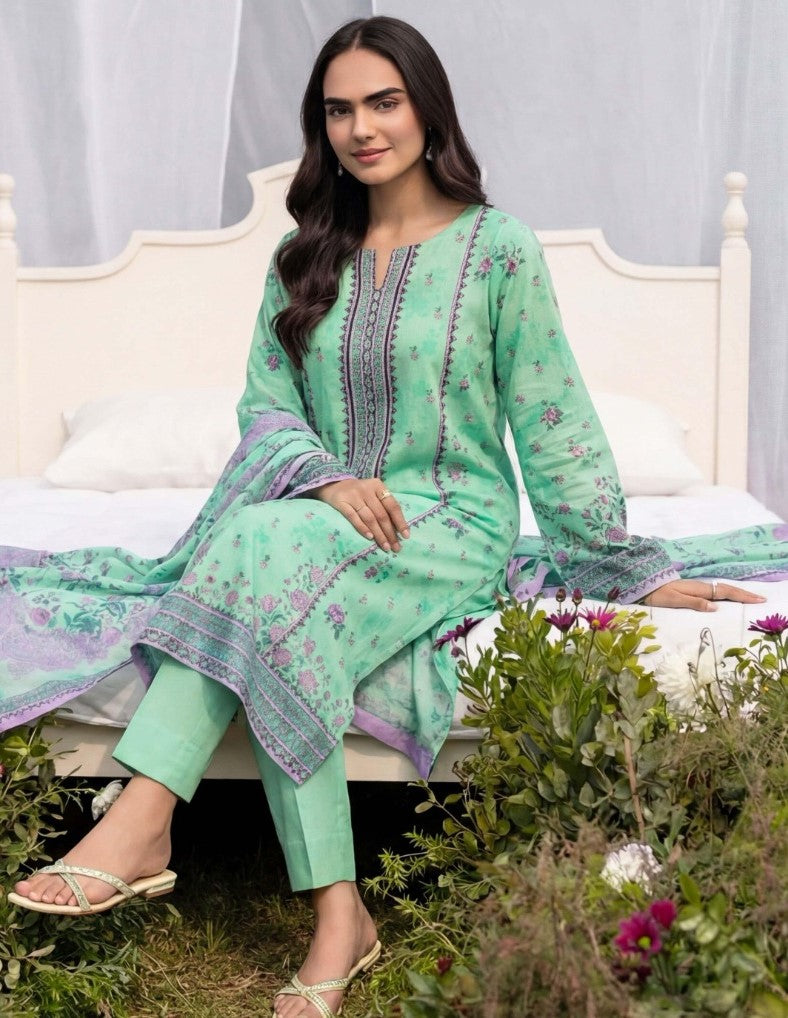 Elegant Sea Green & Purple Print 3 Piece Unstitched Lawn Suit – Premium Lawn
