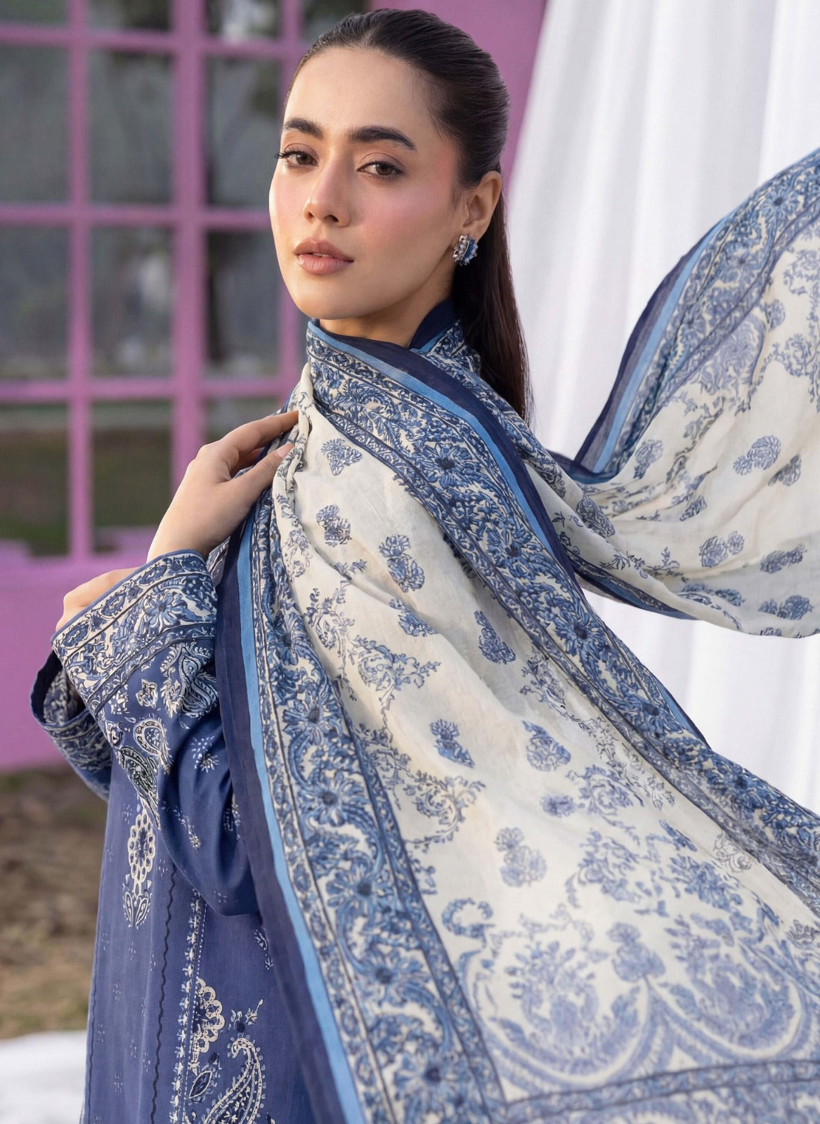 Royal Blue Base White Print 3 Piece Unstitched Lawn Suit