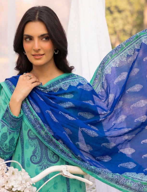 Elegant Aqua Green & Royal Blue 3 Piece Unstitched Lawn Suit – Premium Summer Collection
