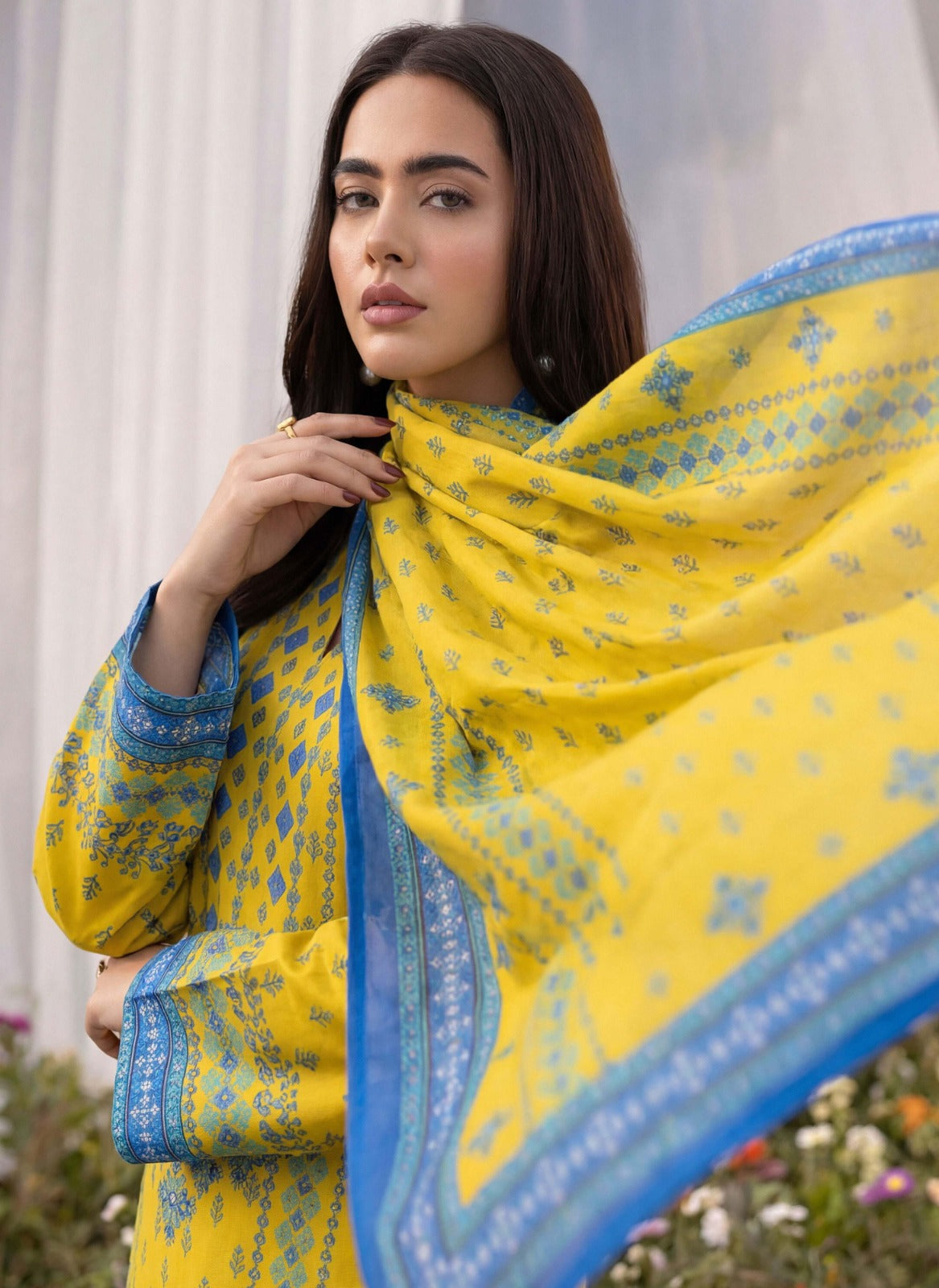 Yellow Base with Sky Blue Print – 3 Piece Unstitched Premium Lawn Suit