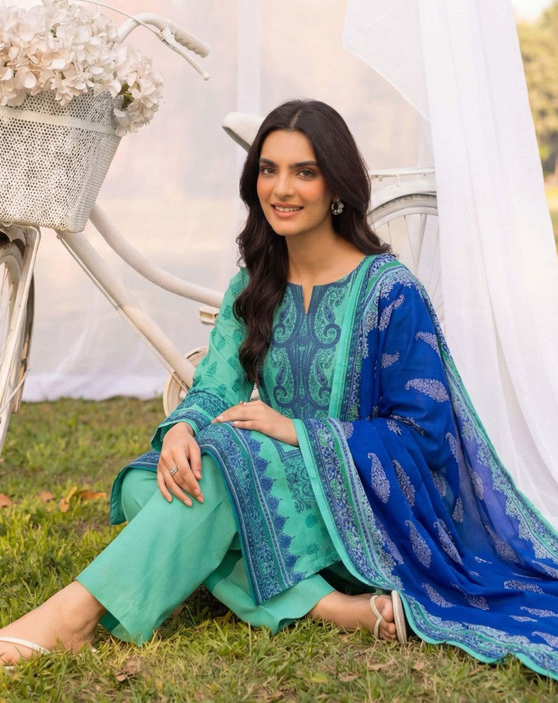 Elegant Aqua Green & Royal Blue 3 Piece Unstitched Lawn Suit – Premium Summer Collection