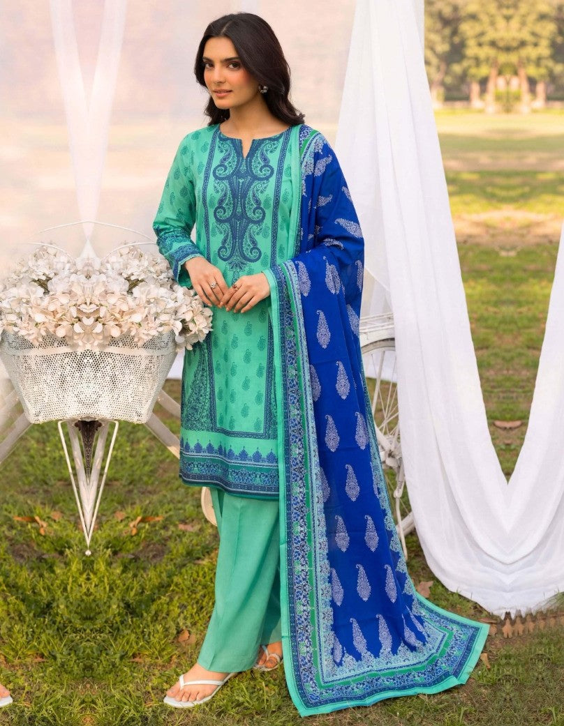 Elegant Aqua Green & Royal Blue 3 Piece Unstitched Lawn Suit – Premium Summer Collection
