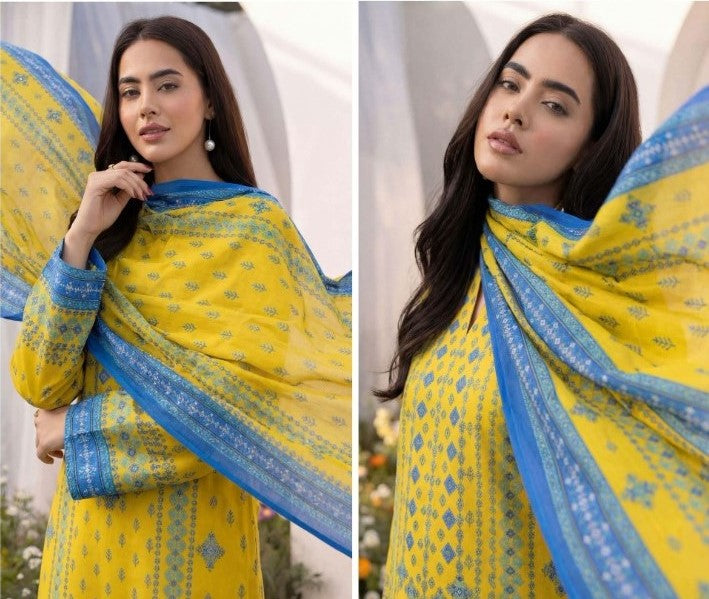 Yellow Base with Sky Blue Print – 3 Piece Unstitched Premium Lawn Suit
