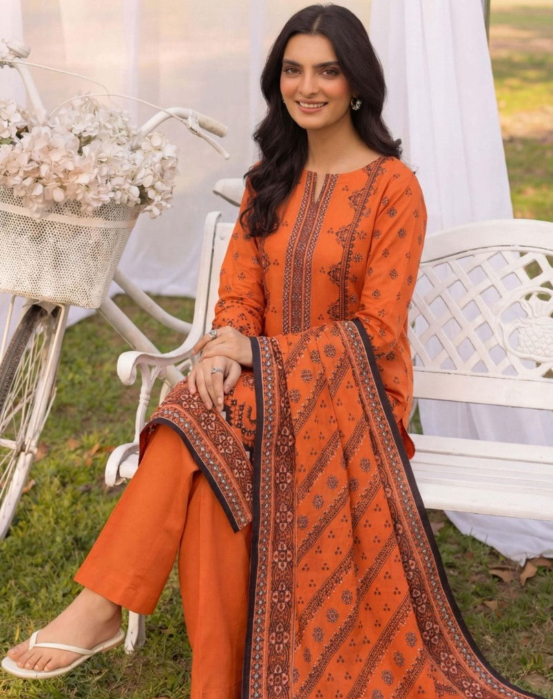 Vibrant Orange 3 Piece Unstitched Lawn Suit – Premium Summer Collection with Dupatta