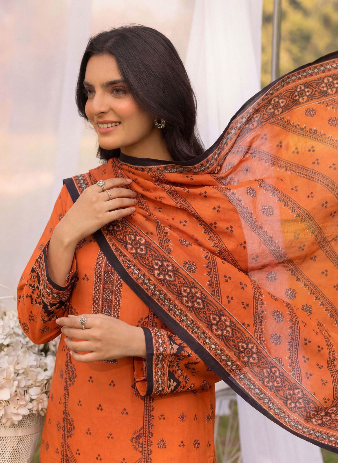 Vibrant Orange 3 Piece Unstitched Lawn Suit – Premium Summer Collection with Dupatta