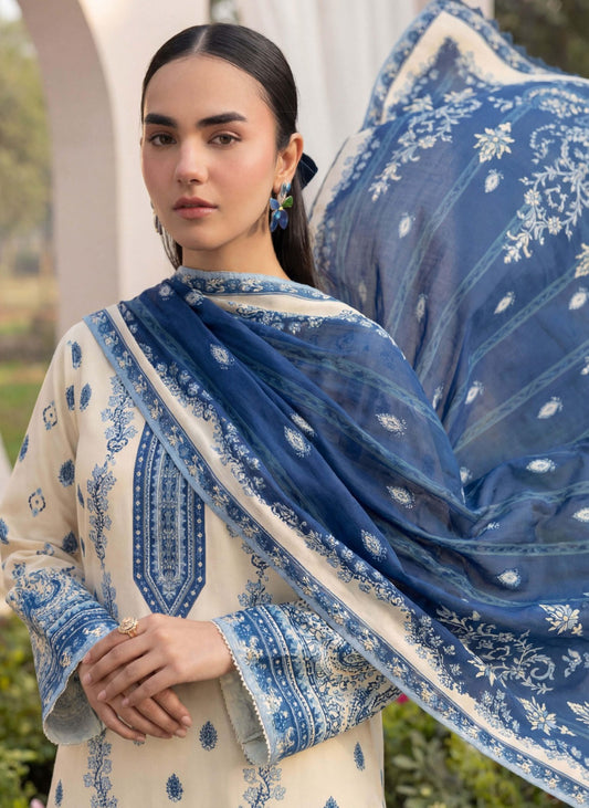 Elegant Skin & Blue 3 Piece Unstitched Lawn Suit – Premium Ladies Collection with Dupatta