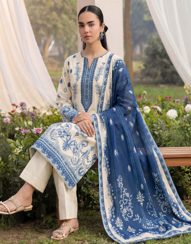 Elegant Skin & Blue 3 Piece Unstitched Lawn Suit – Premium Ladies Collection with Dupatta