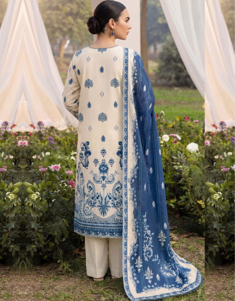 Elegant Skin & Blue 3 Piece Unstitched Lawn Suit – Premium Ladies Collection with Dupatta