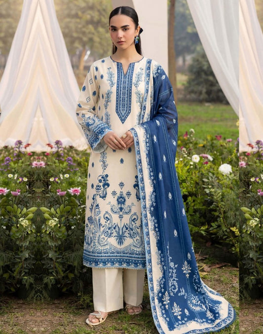 Elegant Skin & Blue 3 Piece Unstitched Lawn Suit – Premium Ladies Collection with Dupatta